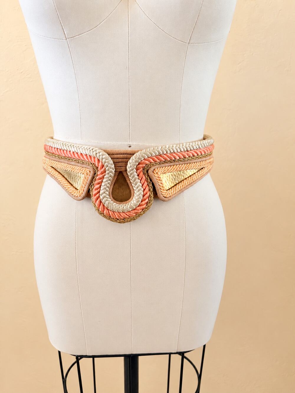 Vintage 1980s Heaven Passementerie Belt Peach Ivory Gold Braided Cord S
